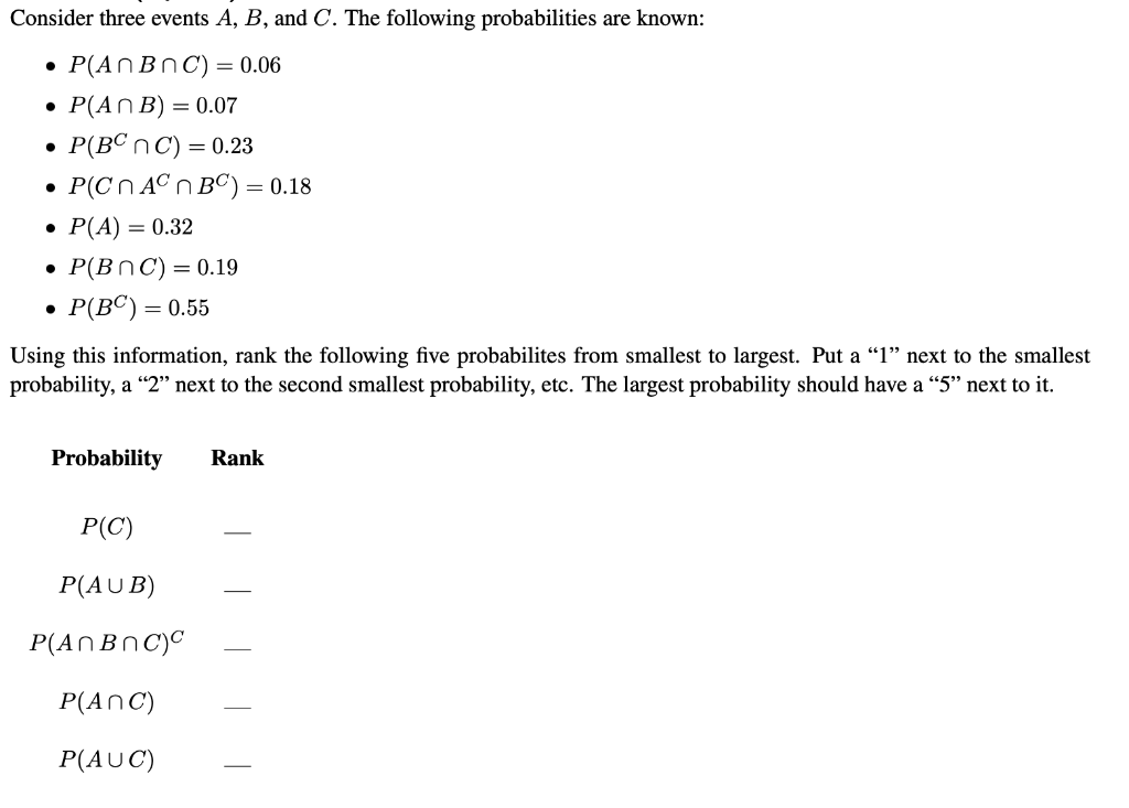 Solved Consider Three Events A, B, And C. The Following | Chegg.com