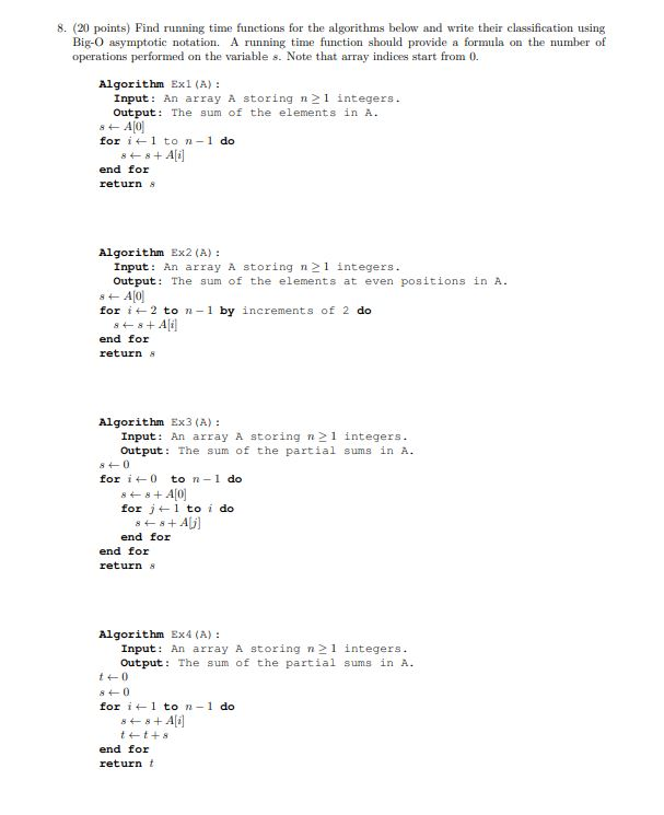 Solved 8 20 Points Find Running Time Functions For The