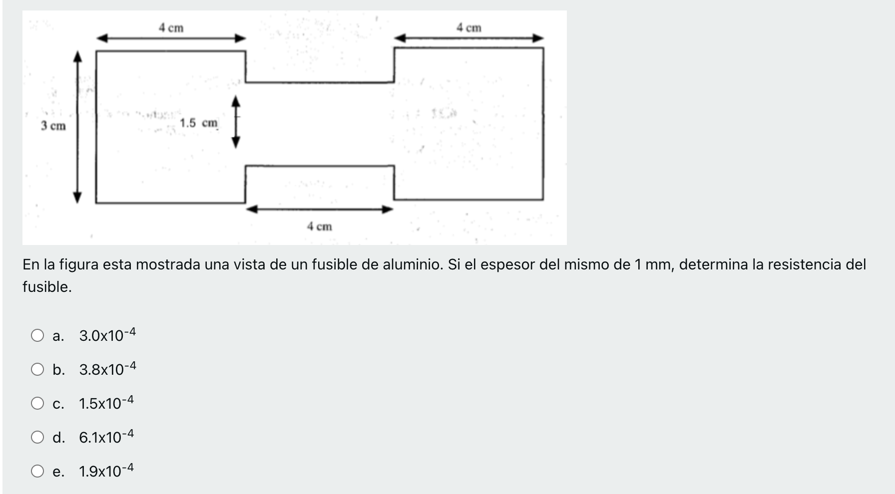 En la figura esta mostrada una vista de un fusible de aluminio. Si el espesor del mismo de \( 1 \mathrm{~mm} \), determina la