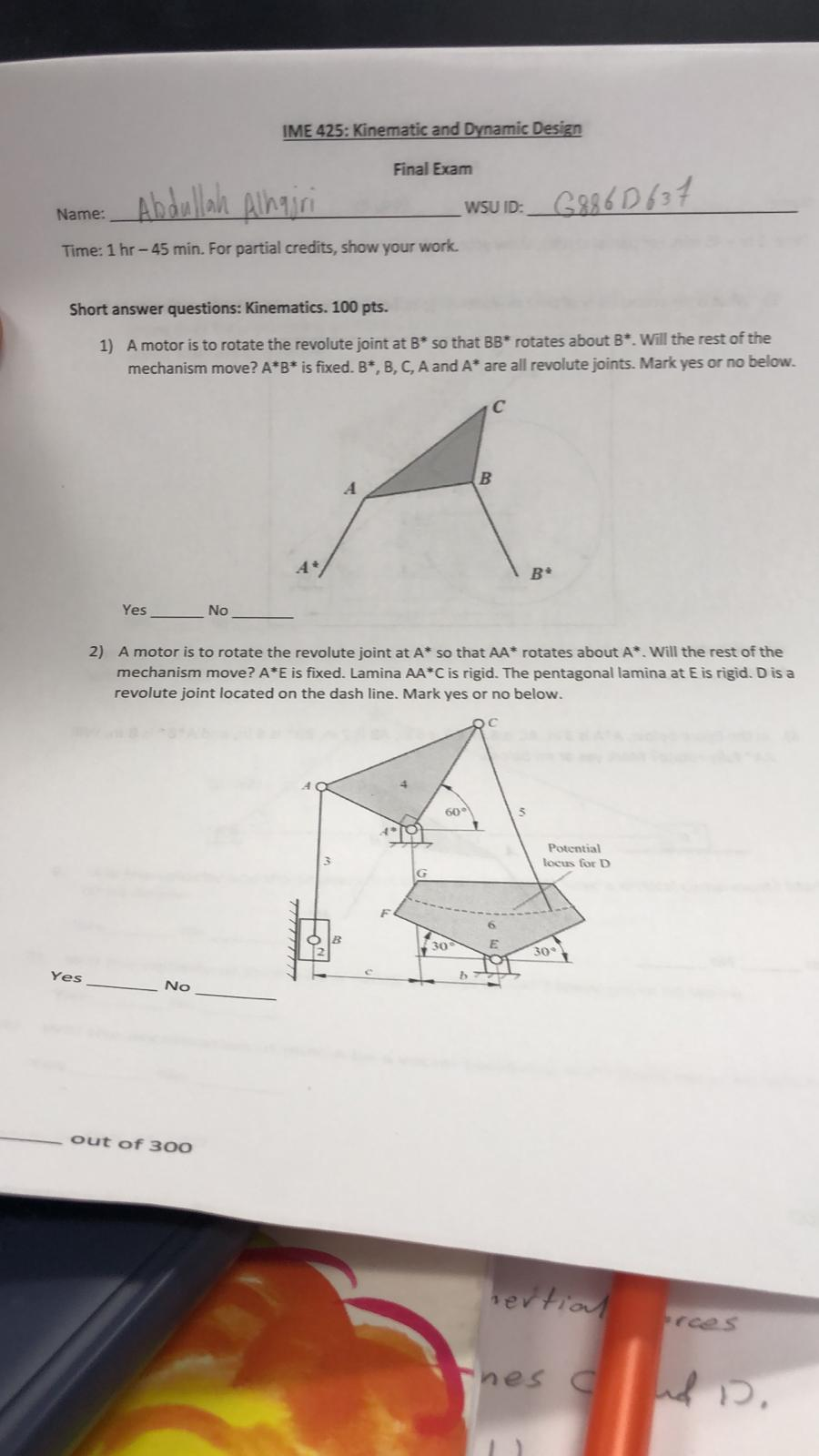 Final And Dynamic Kinematic Solved: IME ... Exam Design 425: A