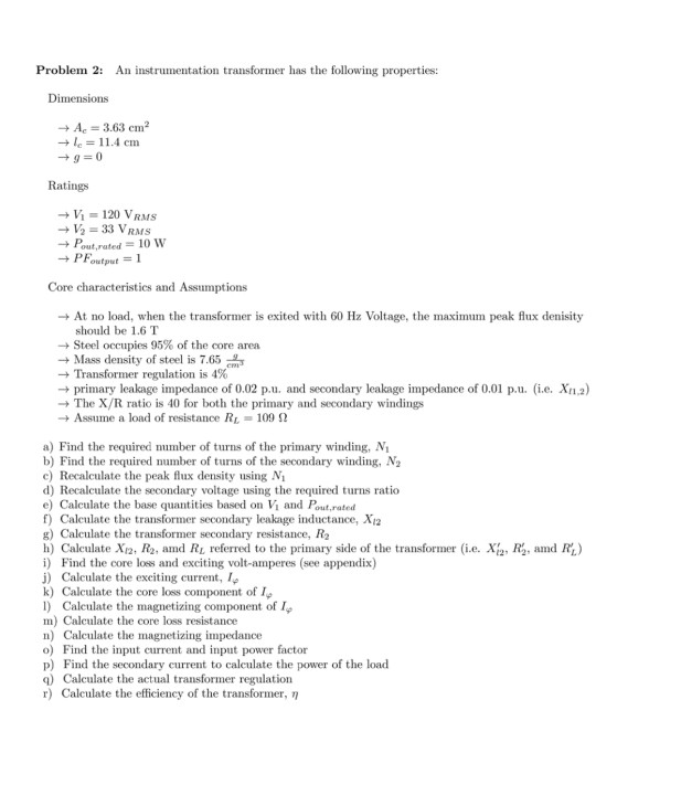 Solved Problem 2: An instrumentation transformer has the | Chegg.com