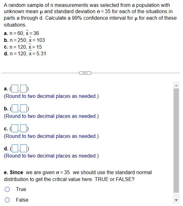 Solved A random sample of n measurements was selected from a | Chegg.com
