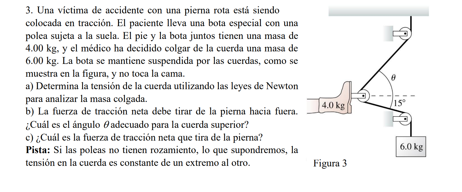 3. Una víctima de accidente con una pierna rota está siendo colocada en tracción. El paciente lleva una bota especial con una