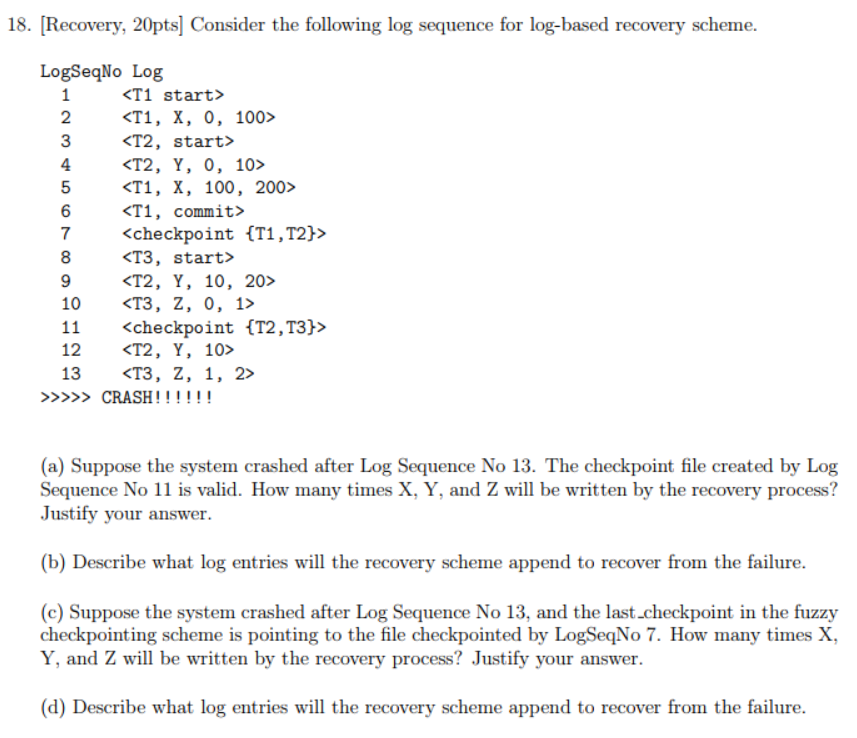 Solved 18. (Recovery, 20pts] Consider the following log | Chegg.com