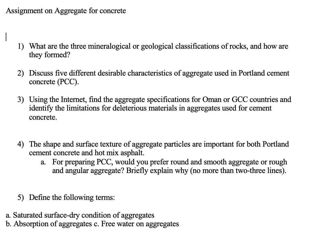 Solved Assignment on Aggregate for concrete 1) What are the | Chegg.com