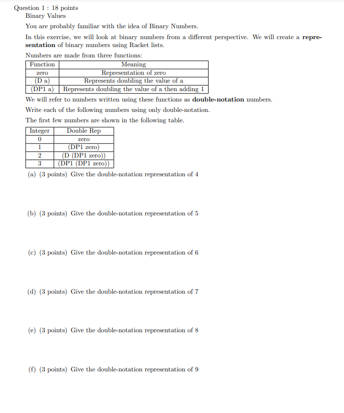 Solved zero Question 1: 18 points Binary Values You are | Chegg.com