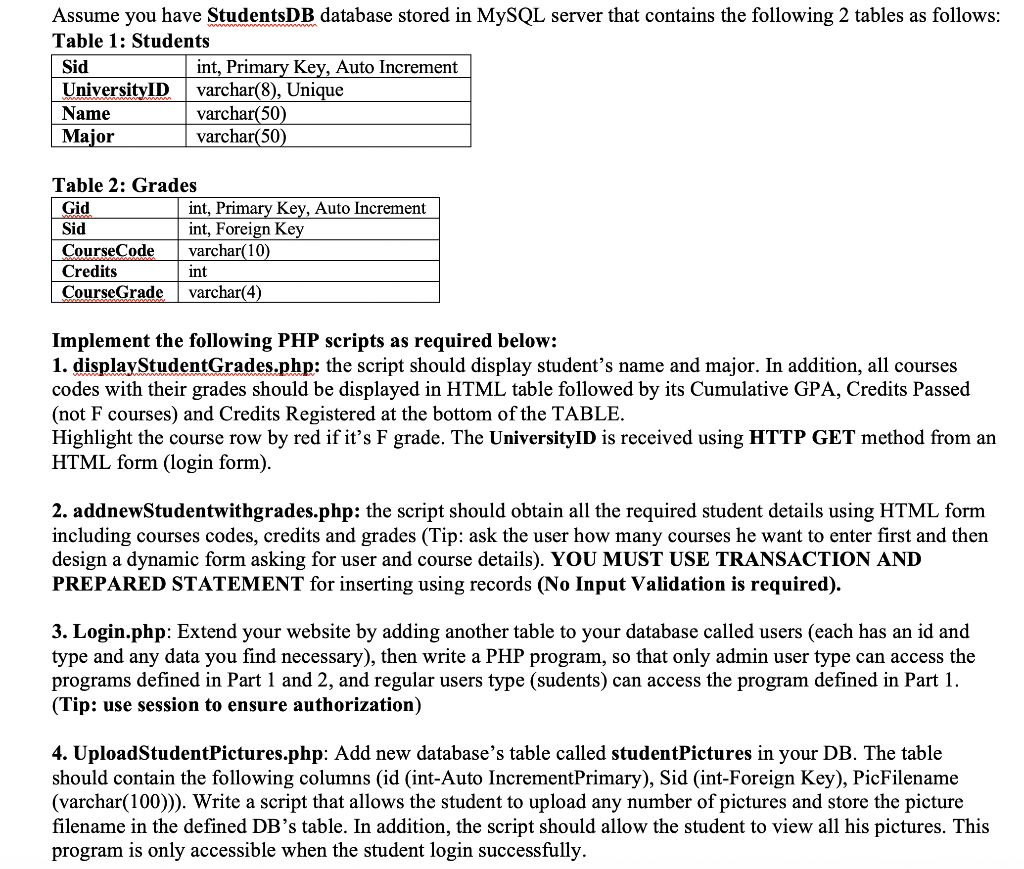 Solved Assume you have StudentsDB database stored in MySQL | Chegg.com