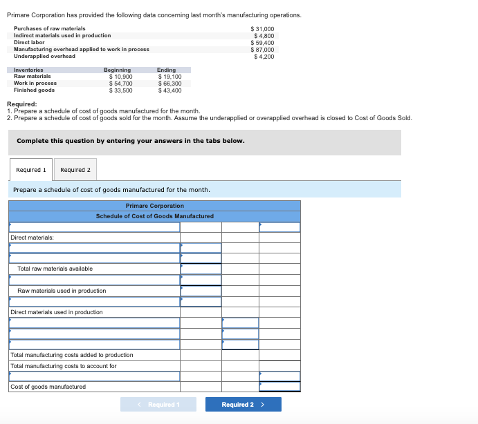 Solved Primare Corporation has provided the following data | Chegg.com