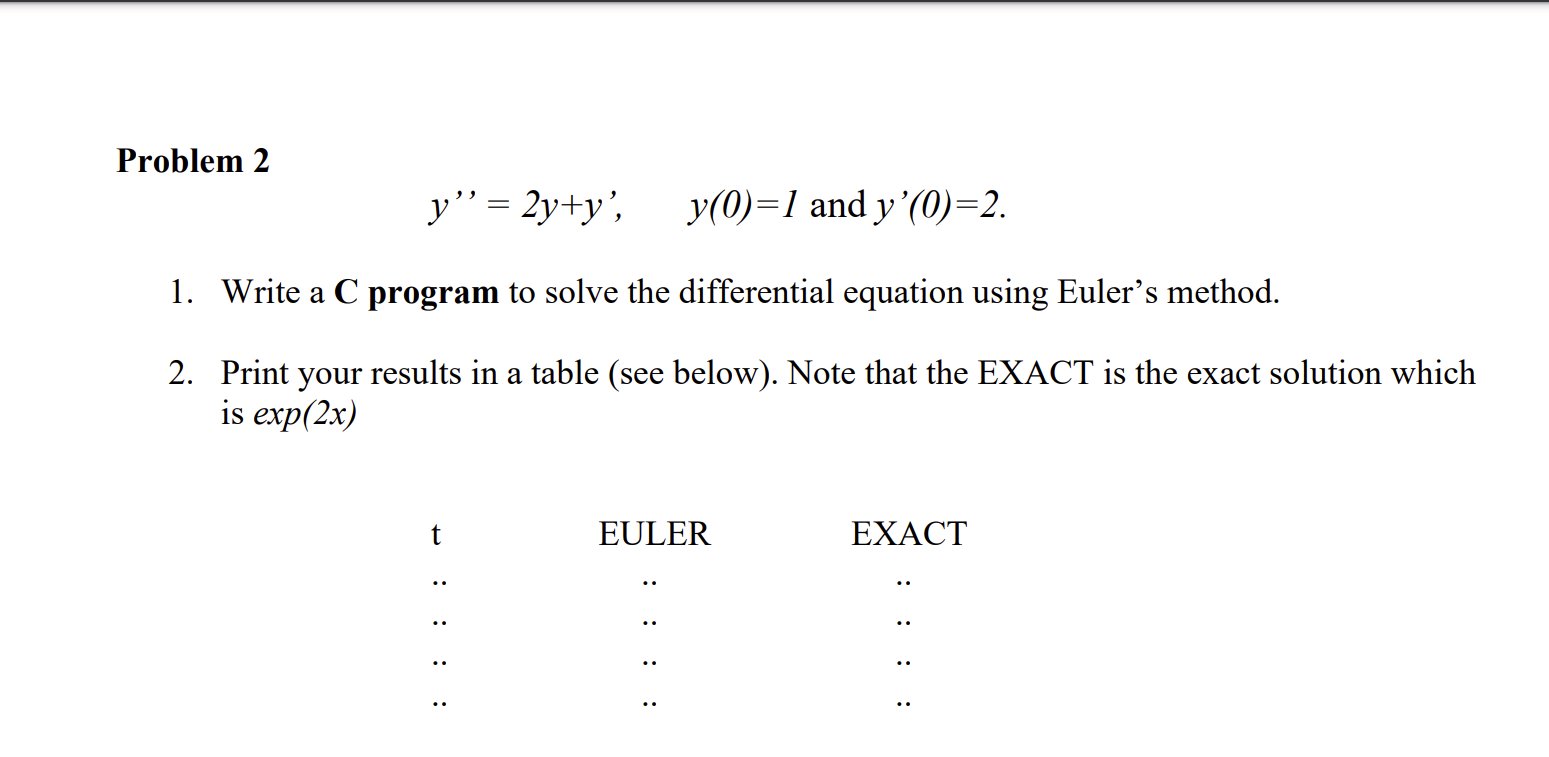 Solved y′′=2y+y′,y(0)=1 and y′(0)=2. 1. Write a C program to | Chegg.com