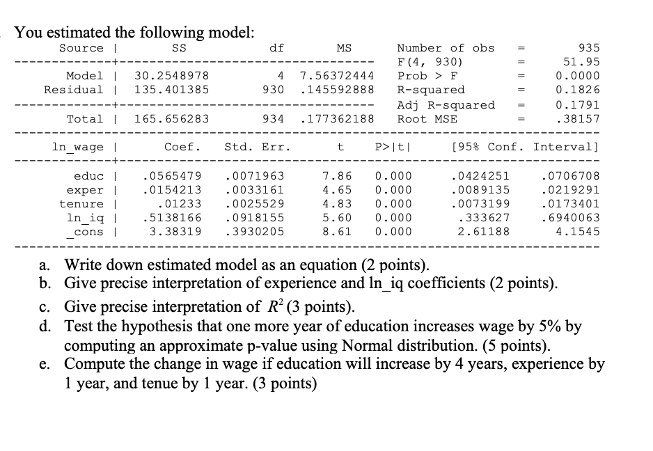 Solved You estimated the following model: Source | SS Model | Chegg.com