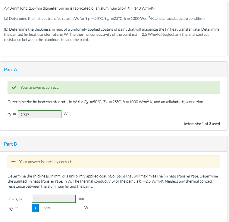 Solved A 40-mm long, 2.6-mm diameter pin fin is fabricated | Chegg.com