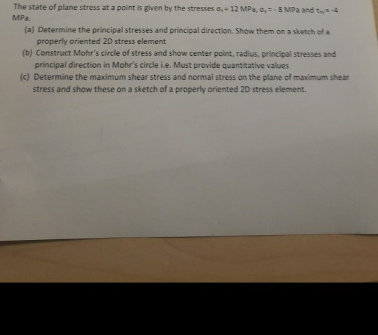 Solved The state of plane stress at a point is given by the | Chegg.com