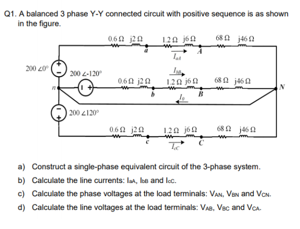 Solved Q1. A balanced 3 phase Y-Y connected circuit with | Chegg.com