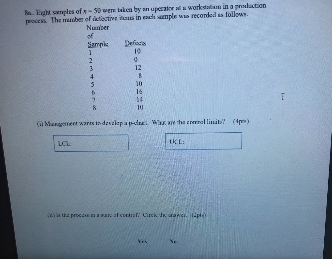 Solved 8a.. Eight samples of n = 50 were taken by an | Chegg.com