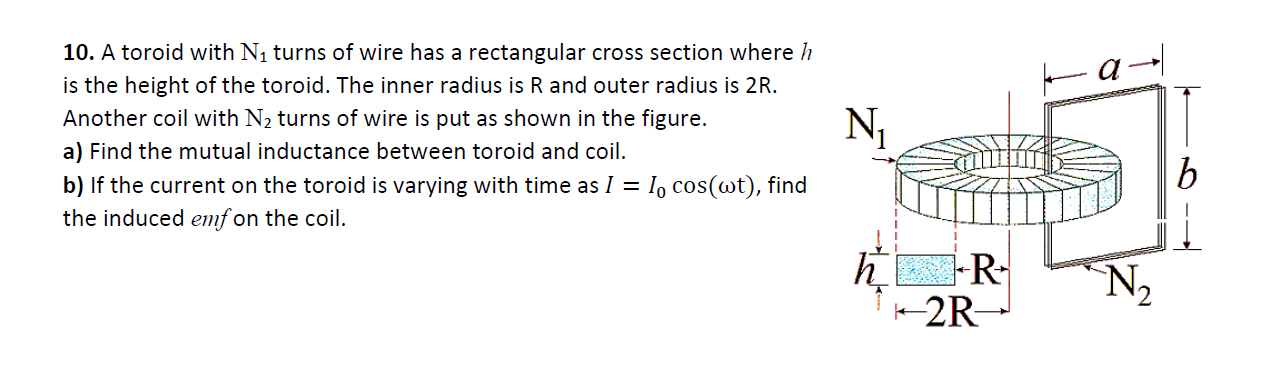 Solved 10. A toroid with N1 turns of wire has a rectangular | Chegg.com