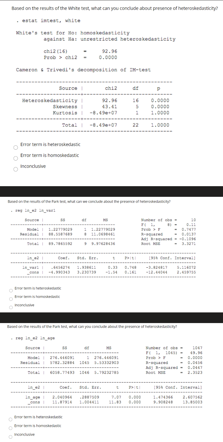 Solved Based on the results of the White test, what can you | Chegg.com