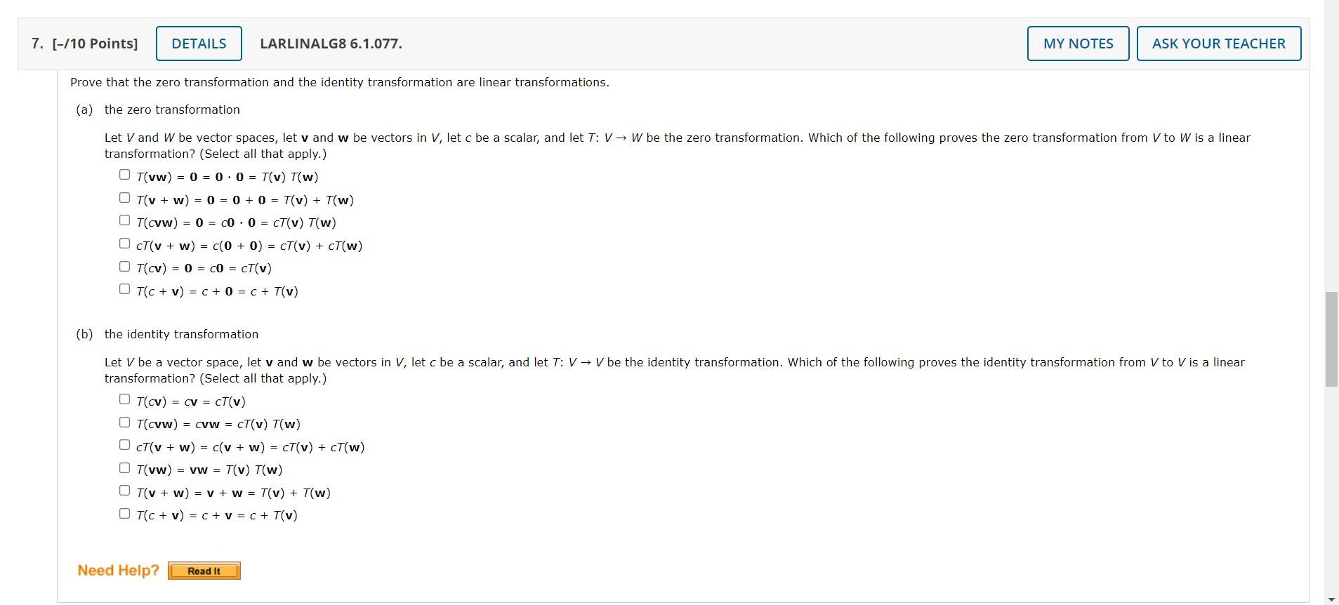 Solved 7. [-/10 Points] DETAILS LARLINALG8 6.1.077. MY NOTES | Chegg.com