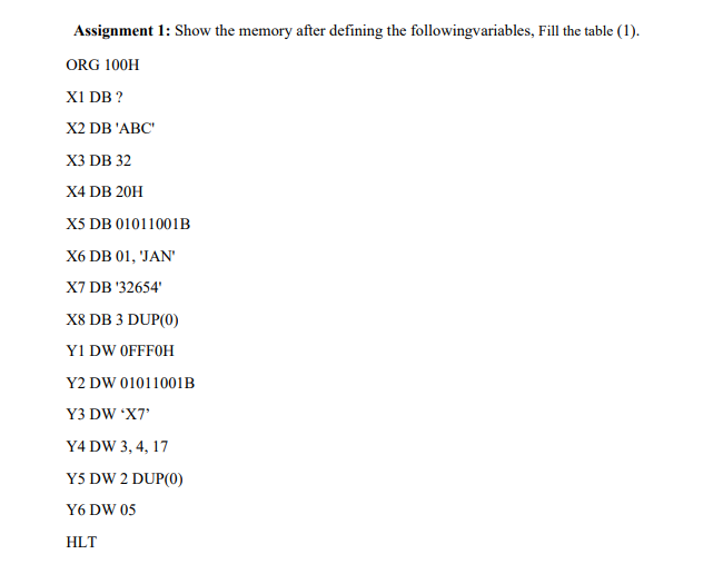 Solved Assignment 1: Show the memory after defining the | Chegg.com