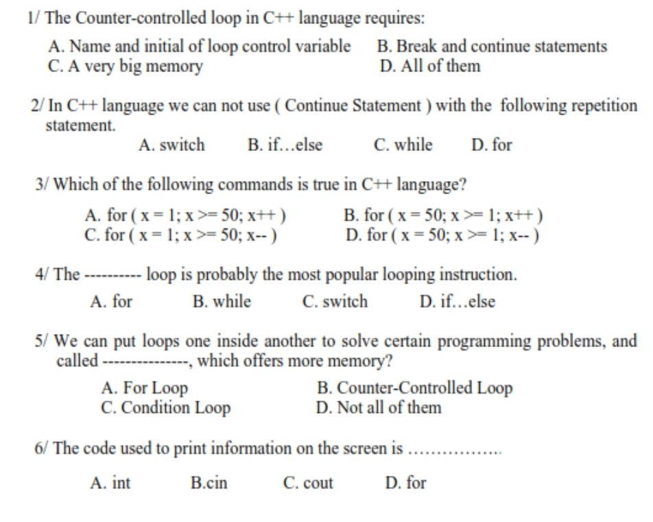 Solved 1/ The Counter-controlled loop in C++ language | Chegg.com