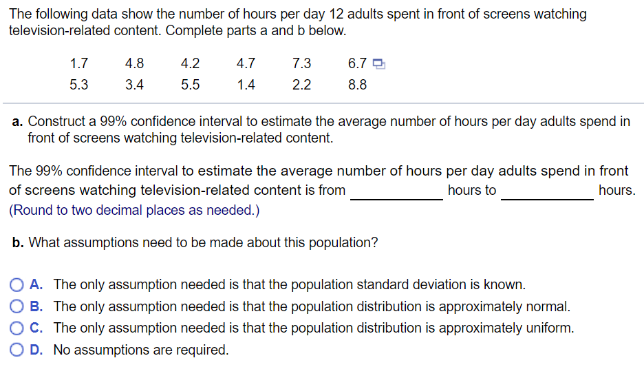 Solved The following data show the number of hours per day | Chegg.com