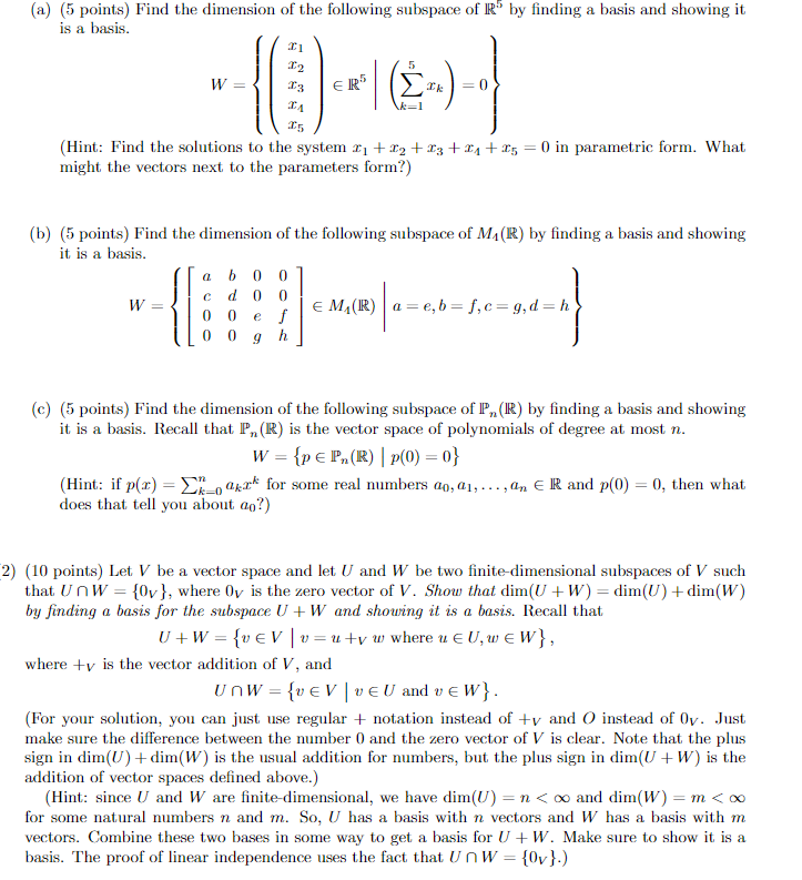 Solved A 5 Points Find The Dimension Of The Following Chegg Com