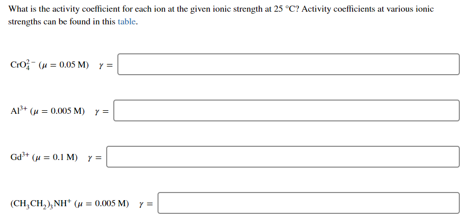 Solved What is the activity coefficient for each ion at the | Chegg.com