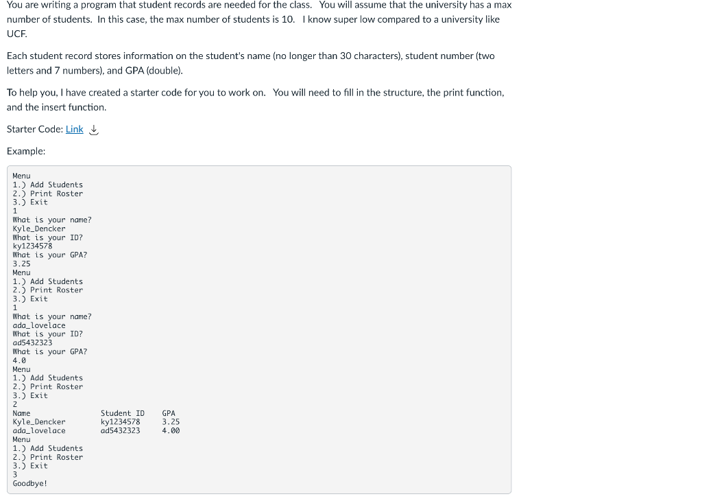 Solved This program has to be C and have the starter code | Chegg.com