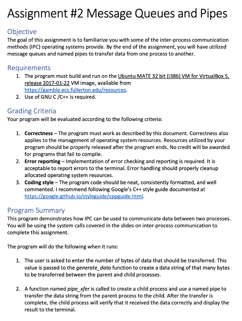 Assignment 2 Message Queues and Pipes Objective The