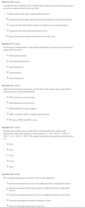 Solved Question 16 (1 point) Consider the basic AD/AS model. | Chegg.com