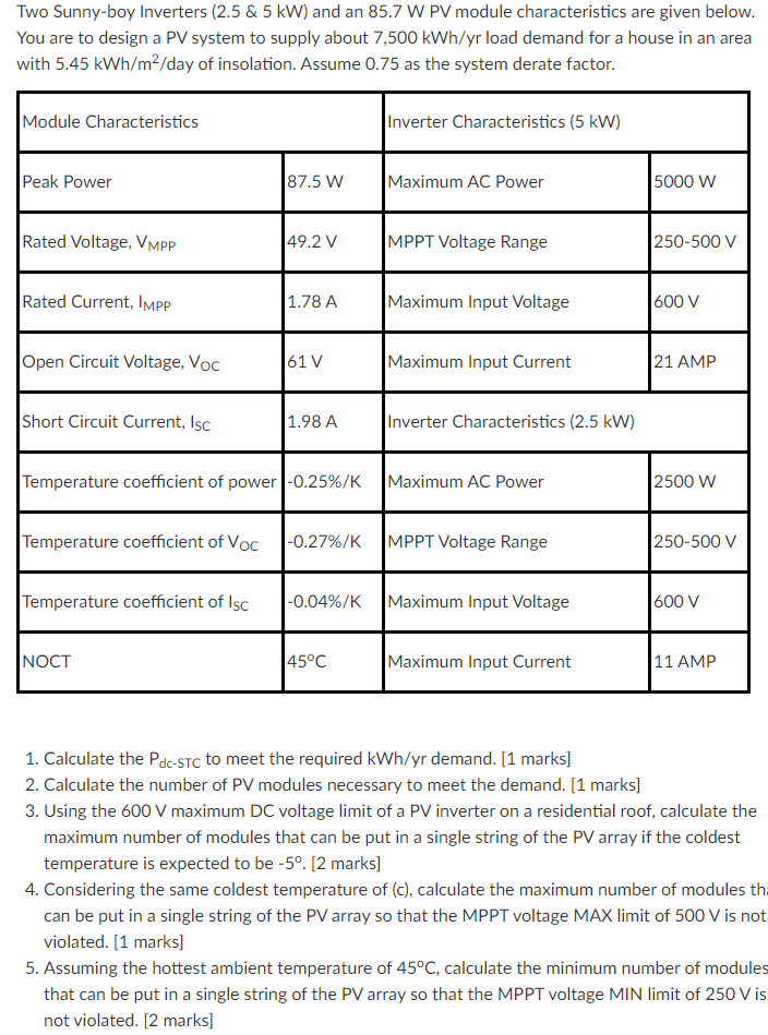 Solved Two Sunny-boy Inverters ( 2.5&5 kW ) and an 85.7 WPV | Chegg.com