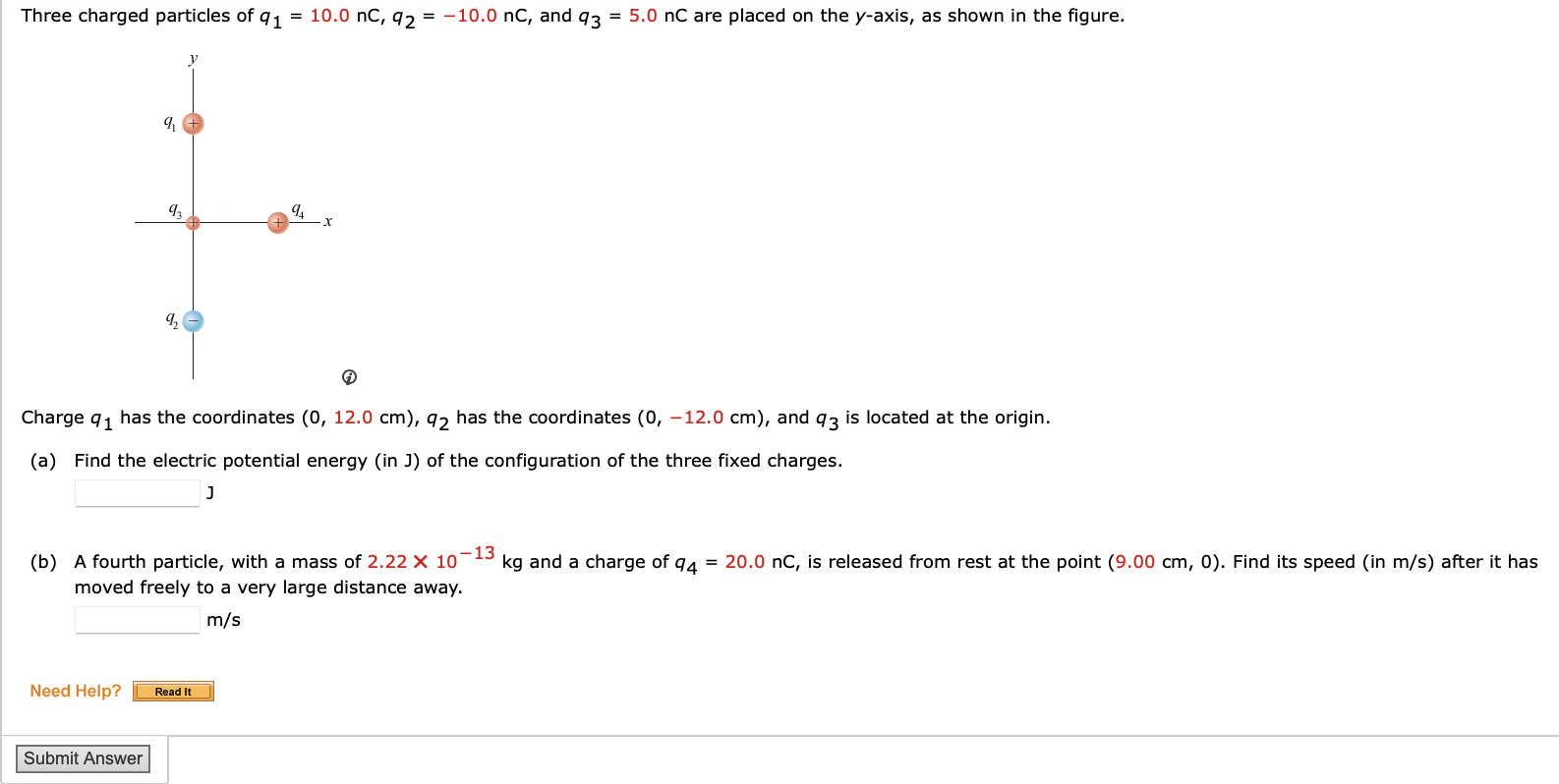 Solved Three Charged Particles Of Q1 10 0nc Q2 −10 0nc And