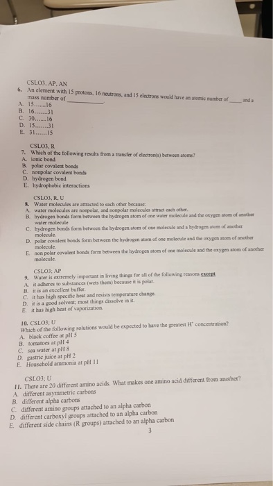 Solved CSLO3, AP. AN 6. An element with 15 protons, 16 | Chegg.com