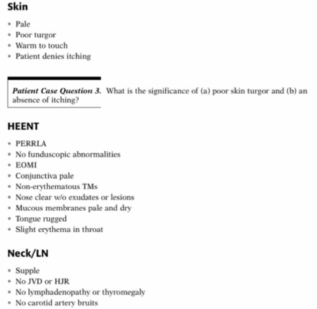 Skin • Pale • Poor turgor • Warm to touch • Patient denies itching Patient Case Question 3. What is the significance of (a) p