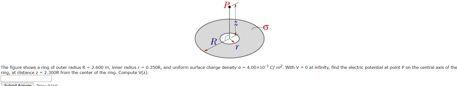 Solved The figure shows a ring of outer radius R = 2.600 m, | Chegg.com