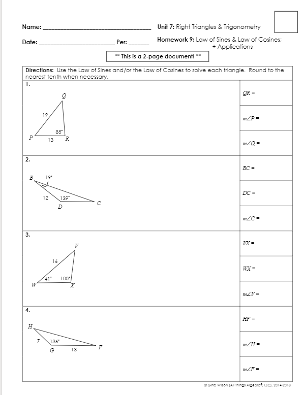 unit 7 right triangles and trigonometry homework 1 answer key