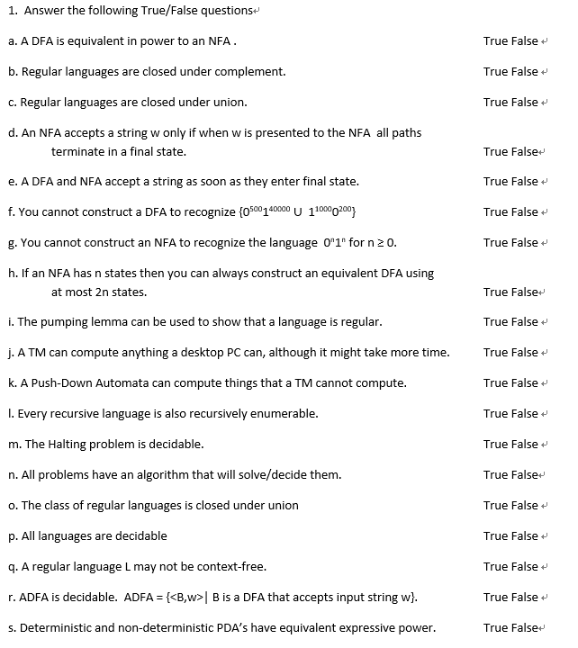 Solved 1. Answer The Following True/False Questions A. A DFA | Chegg.com