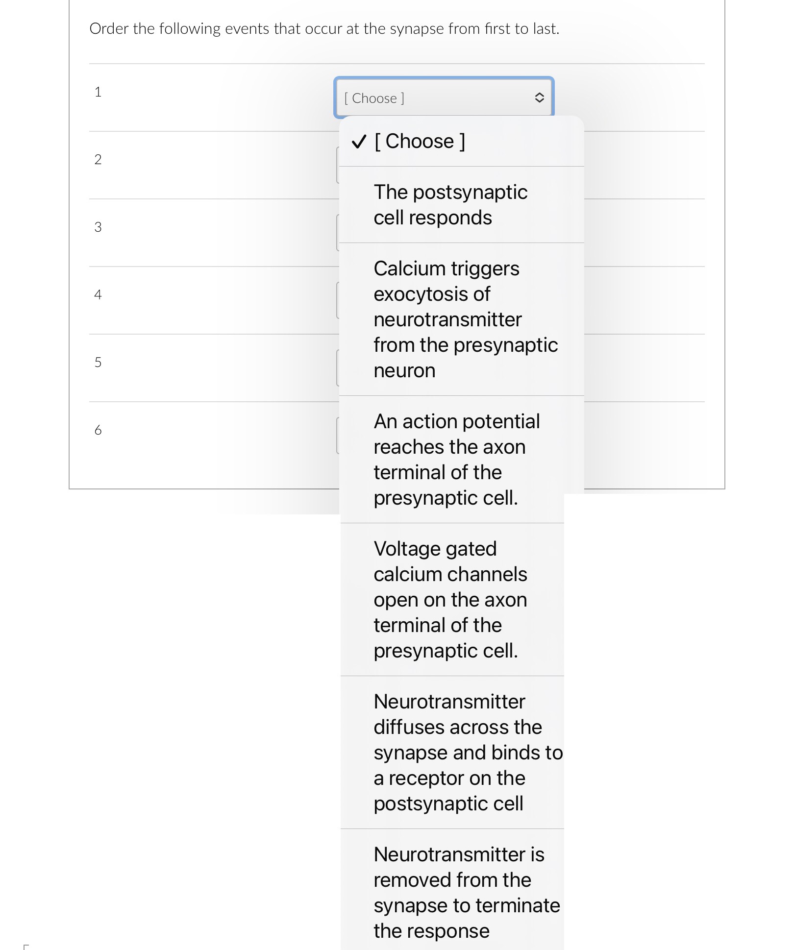 Order the following events that occur at the synapse | Chegg.com