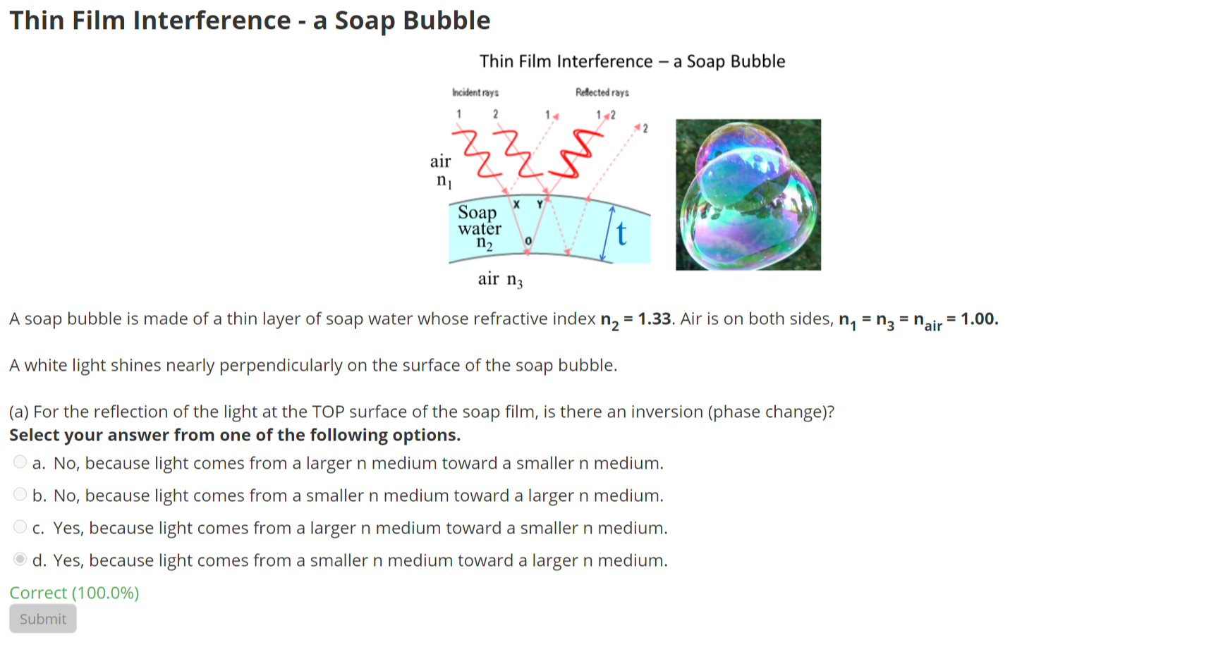 Solved Thin Film Interference a Soap Bubble Thin Film