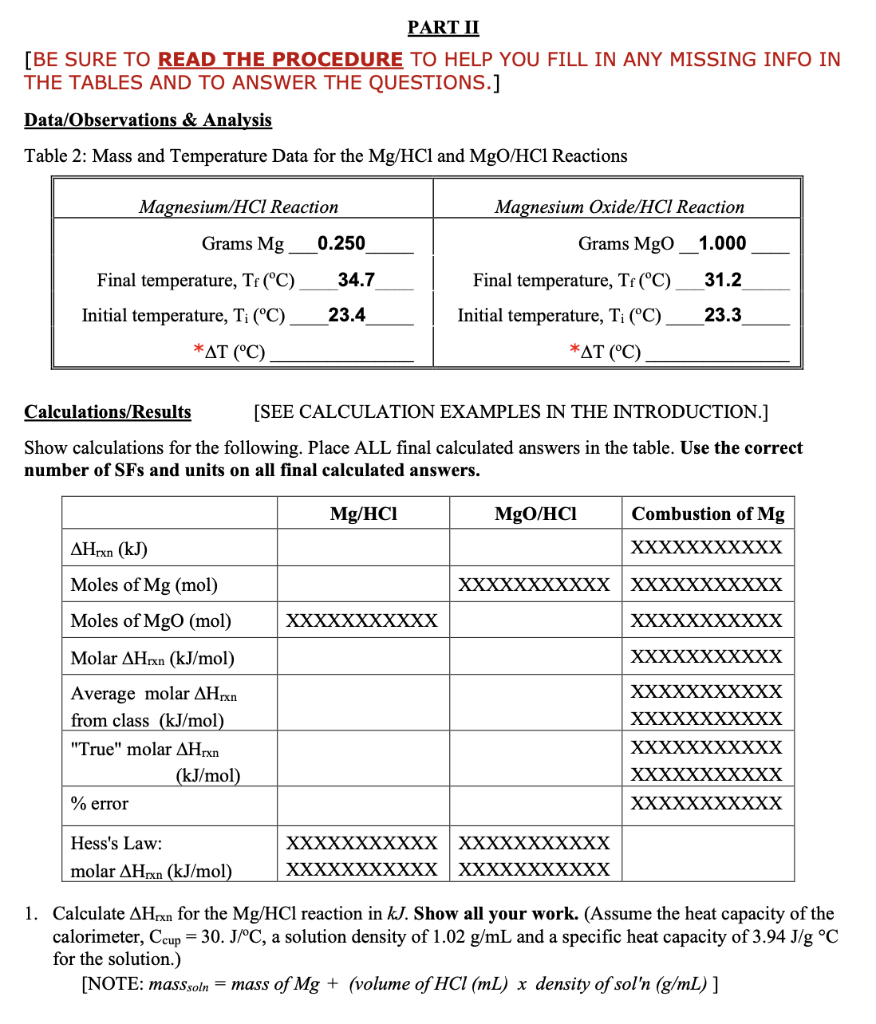 Solved Part Ii Be Sure To Read The Procedure To Help You Chegg Com