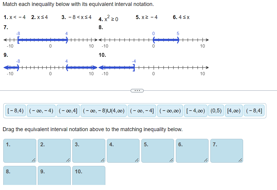 Drag the equivalent interval notation above to the matching inequality below.