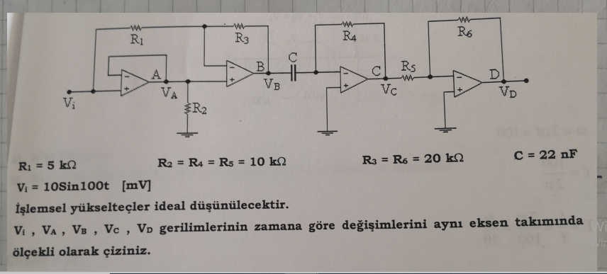 Solved R1=5kΩ R2=R4=R5=10kΩ R3=R6=20kΩ C=22nF Vi=10sin100t | Chegg.com