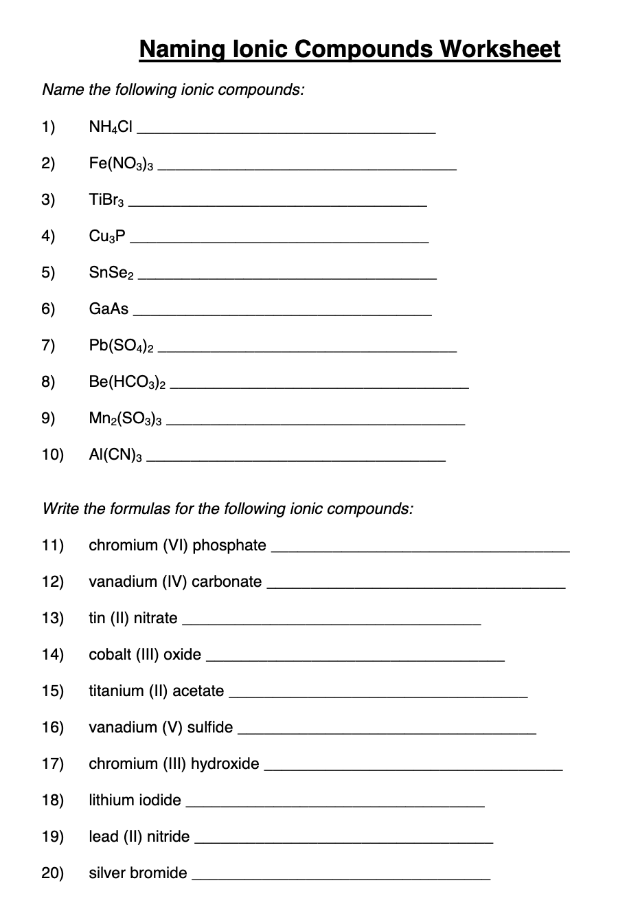 Solved Naming lonic Compounds WorksheetName the following | Chegg.com