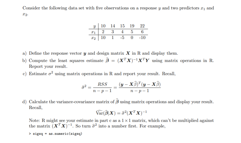 Solved Consider the following data set with five | Chegg.com