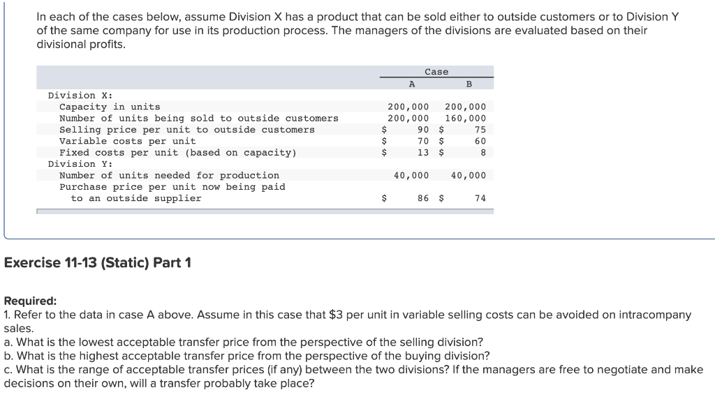 Solved In Each Of The Cases Below, Assume Division X Has A | Chegg.com