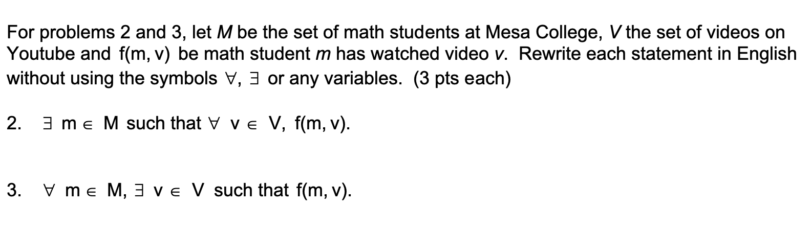Solved For problems 2 and 3, let M be the set of math | Chegg.com