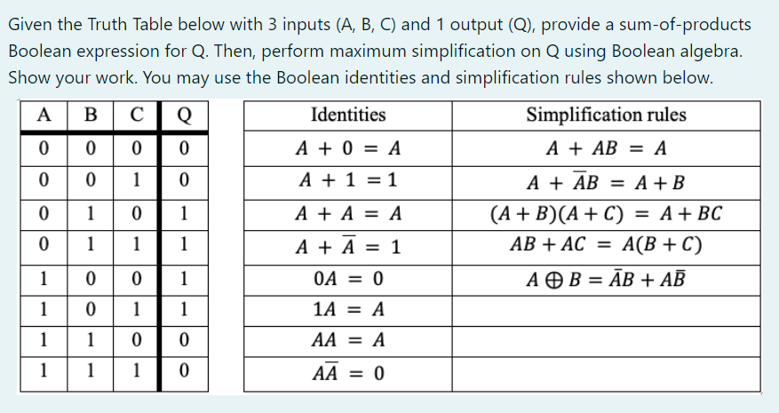 Solved A = Given the Truth Table below with 3 inputs (A, B, | Chegg.com