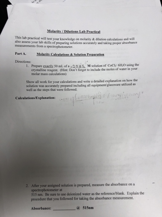 Solved Molarity/Dilutions Lab Practical This lab practical | Chegg.com