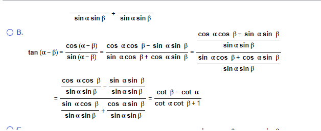 \( \overline{\sin \alpha \sin \beta}+\overline{\sin \alpha \sin \beta} \) \( \tan (\alpha-\beta)=\frac{\cos (\alpha-\beta)}{\