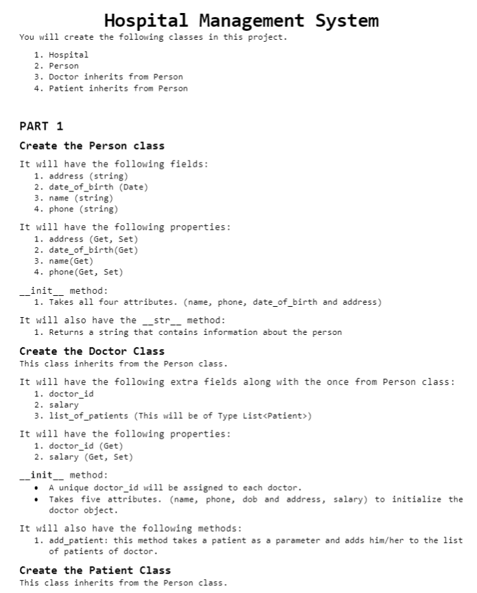 Solved Hospital Management System You will create the | Chegg.com