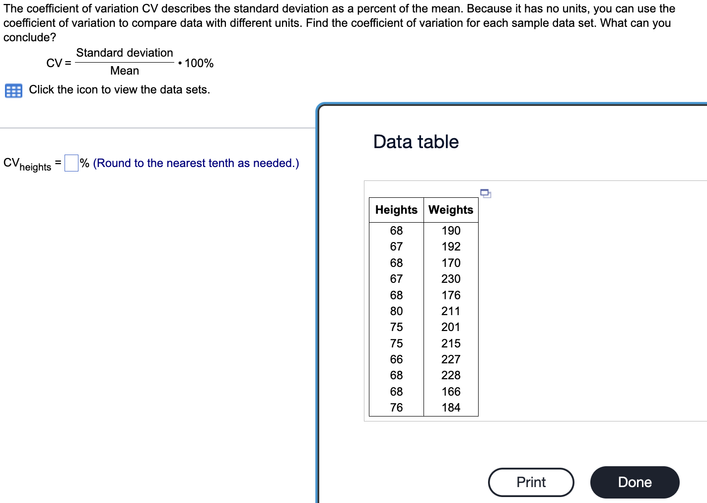 Solved The coefficient of variation CV describes the | Chegg.com